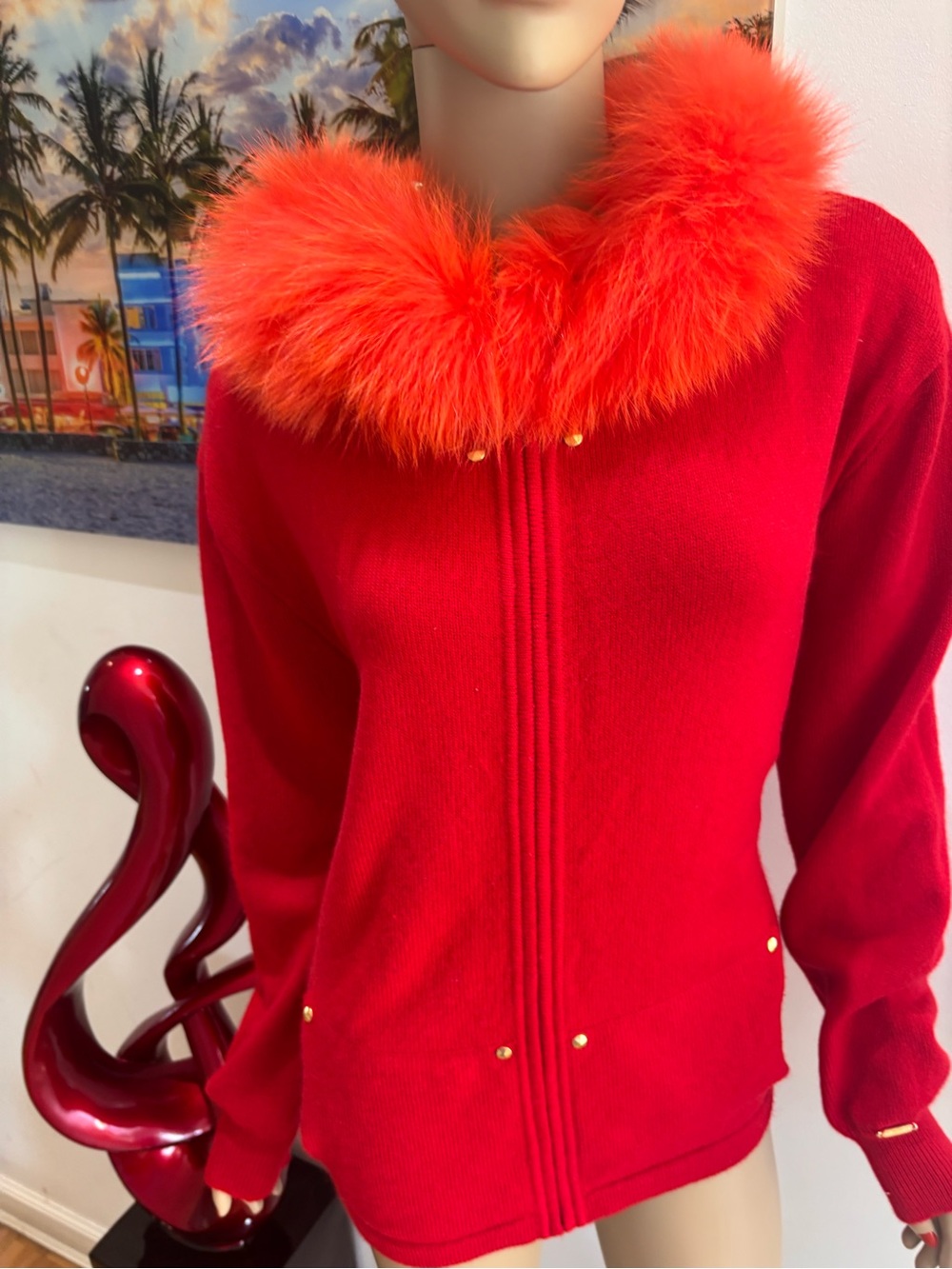 St. John Red Knit Jacket with Fox -Fur Collar 100% cashmere Large embellished